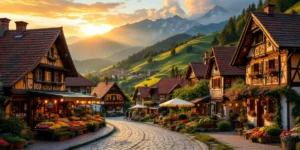 Roemeens dorpsgezicht met kleurrijke huizen, markt en Karpaten tijdens gouden uur