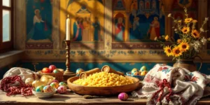 Roemeense culturele voorwerpen: mămăligă, sarmale, beschilderde eieren, geborduurde blouse en kloosterfrescos op houten tafel