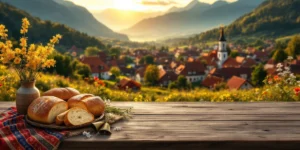 Roemeens landschap met Karpaten, traditionele dorpen en houten tafel met brood, textiel en kerkklokken tijdens gouden uur