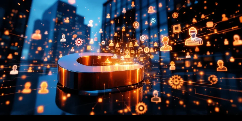 Modern glazen kantoorgebouw met verlichte ramen trekt technisch talent aan via magnetische lichtstralen in blauw en oranje