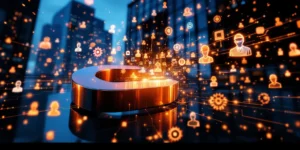 Modern glazen kantoorgebouw met verlichte ramen trekt technisch talent aan via magnetische lichtstralen in blauw en oranje