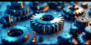 Glanzende metalen tandwielen en precisieonderdelen op technische blauwdruk, verlicht met blauwe en zilveren tinten