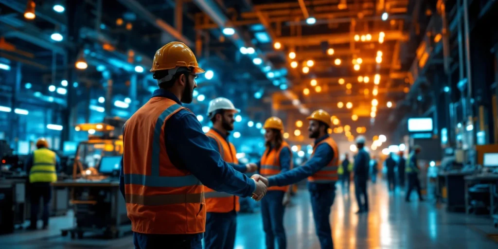 Technische professionals schudden handen in moderne Nederlandse industriële faciliteit met geavanceerde apparatuur en EU-vlaggen