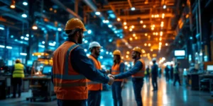 Technische professionals schudden handen in moderne Nederlandse industriële faciliteit met geavanceerde apparatuur en EU-vlaggen