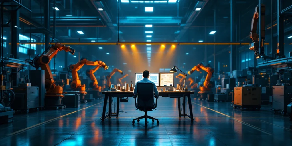 Lege moderne industriële werkplaats met robotarmen, verlichte werkplek met blauwdrukken en lege stoel, symboliseert tekort aan technisch talent