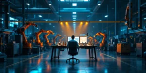 Lege moderne industriële werkplaats met robotarmen, verlichte werkplek met blauwdrukken en lege stoel, symboliseert tekort aan technisch talent