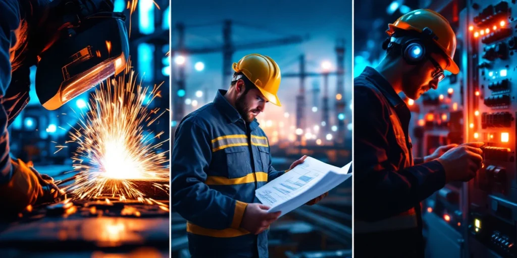 Drie technische professionals: lasser met vonken, ingenieur met bouwplannen, elektricien bij schakelpaneel in industriële setting