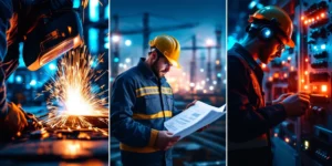 Drie technische professionals: lasser met vonken, ingenieur met bouwplannen, elektricien bij schakelpaneel in industriële setting