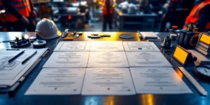 Technische certificaten en diploma's op metalen werkbank met precisie meetgereedschap, veiligheidshelmen op achtergrond