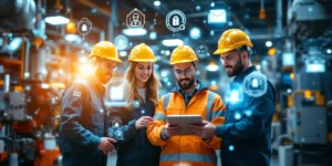 Diverse technische professionals bekijken industriële apparatuur met holografische certificaten en veiligheidssymbolen