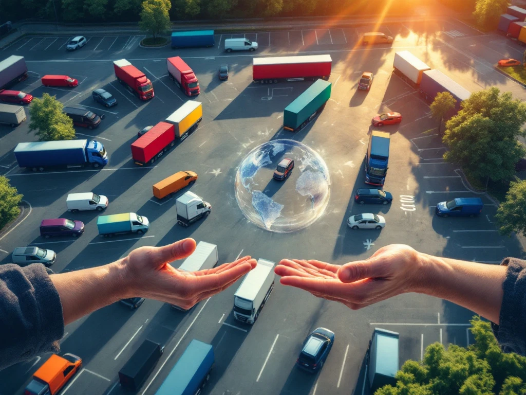 Distributiecentrum met diverse vrachtwagens met Europese kentekens, terwijl handen een miniatuurvrachtwagen en wereldbol samenbrengen als symbool voor internationale werving.