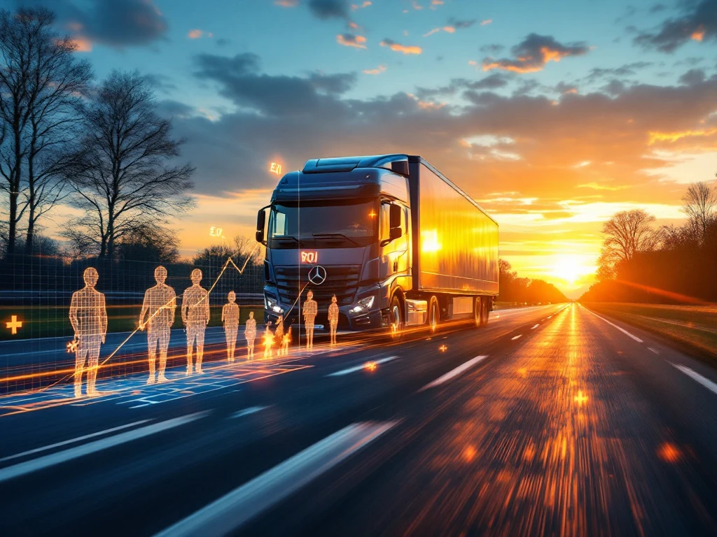 Europese vrachtwagen op Nederlandse snelweg met ROI-grafiek, Europese kaart toont wervingsroutes en chauffeursilhouetten bij gouden uur.