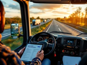 Moderne vrachtwagencabine op Nederlandse snelweg bij zonsondergang met wervingsmaterialen, toont internationale transportmogelijkheden
