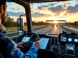 Moderne Europese vrachtwagen op Nederlandse snelweg tijdens gouden uur, met technologische cabine, meertalige documenten en zichtbare grensovergang met diverse EU-vlaggen.