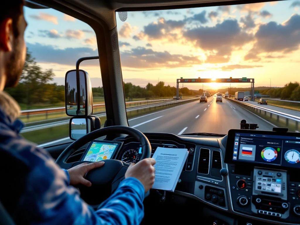 Moderne Europese vrachtwagen op Nederlandse snelweg tijdens gouden uur, met technologische cabine, meertalige documenten en zichtbare grensovergang met diverse EU-vlaggen.