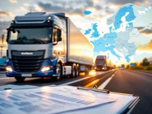 Vrachtwagen op Nederlandse snelweg bij gouden uur, met klembord voor kostenanalyse en Europese kaart die transportroutes voor buitenlandse chauffeurs toont.
