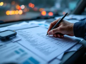 Professionele vrachtwagendashboard met internationale documenten waarbij een hand een A1-verklaring plaatst. Europese verkeersborden zichtbaar door de voorruit symboliseren grensoverschrijdend transport.
