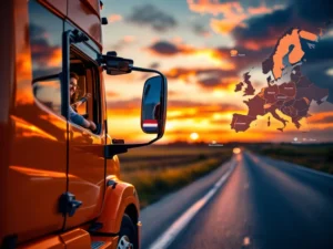 Europese vrachtwagen geparkeerd bij rustplaats tijdens zonsondergang. Open cabine toont persoonlijke items en routekaart van Oost-Europa naar Nederland.