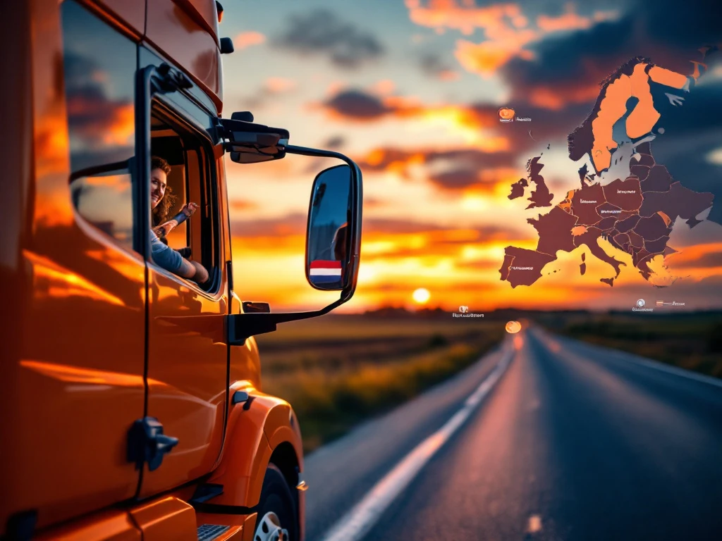 Europese vrachtwagen geparkeerd bij rustplaats tijdens zonsondergang. Open cabine toont persoonlijke items en routekaart van Oost-Europa naar Nederland.