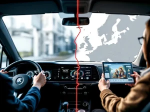 Split-screen van Nederlandse en Oost-Europese vrachtwagencabines verbonden door een Europese wegenkaart met rode route van oost naar west.