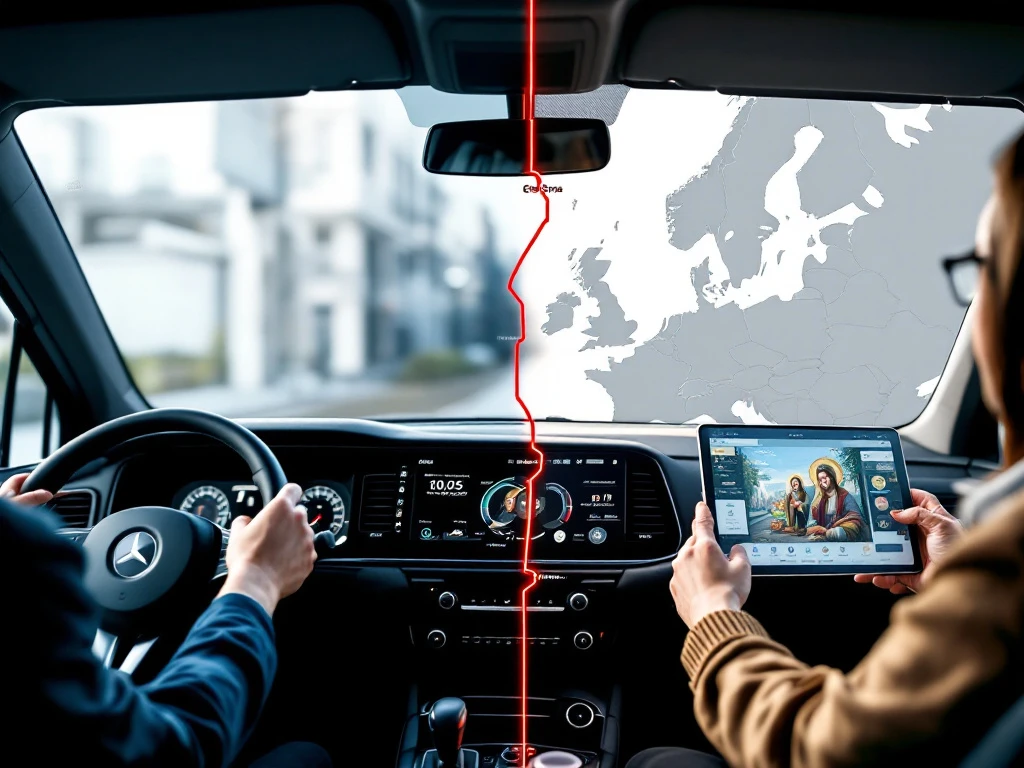 Split-screen van Nederlandse en Oost-Europese vrachtwagencabines verbonden door een Europese wegenkaart met rode route van oost naar west.