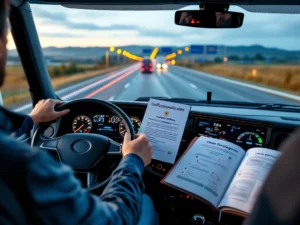 Moderne Europese vrachtwagencabine met geavanceerde navigatie, certificeringsdocument en carrièremateriaal. Snelweg met Europese bestemmingen zichtbaar door voorruit.