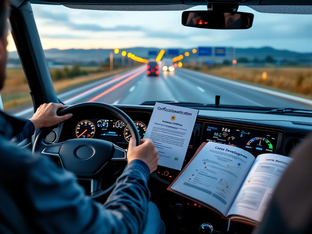 Moderne Europese vrachtwagencabine met geavanceerde navigatie, certificeringsdocument en carrièremateriaal. Snelweg met Europese bestemmingen zichtbaar door voorruit.