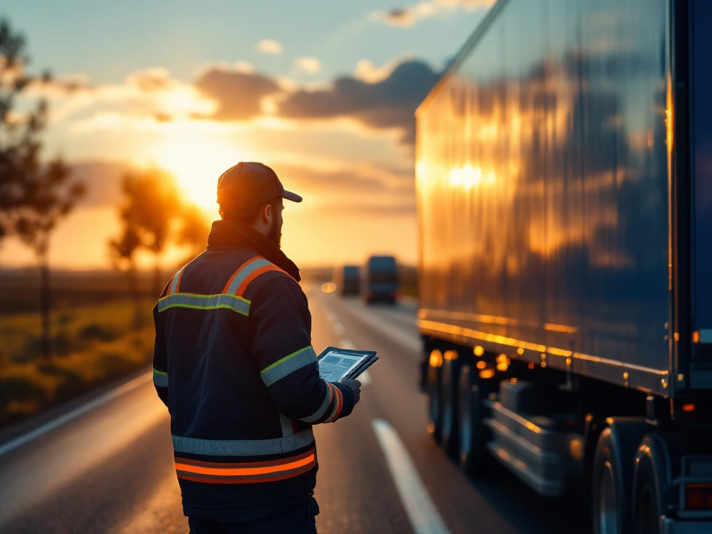 Vrachtwagenchauffeur uit Oost-Europa met werkdocumenten naast moderne vrachtwagen op Nederlandse snelweg bij zonsopgang, transportbedrijf op achtergrond.