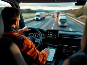 Professionele vrachtwagenchauffeur in moderne cabine met handen op stuurwiel, internationale documenten en verificatieapparaat, uitzicht op Nederlandse snelweg met Europese trucks.