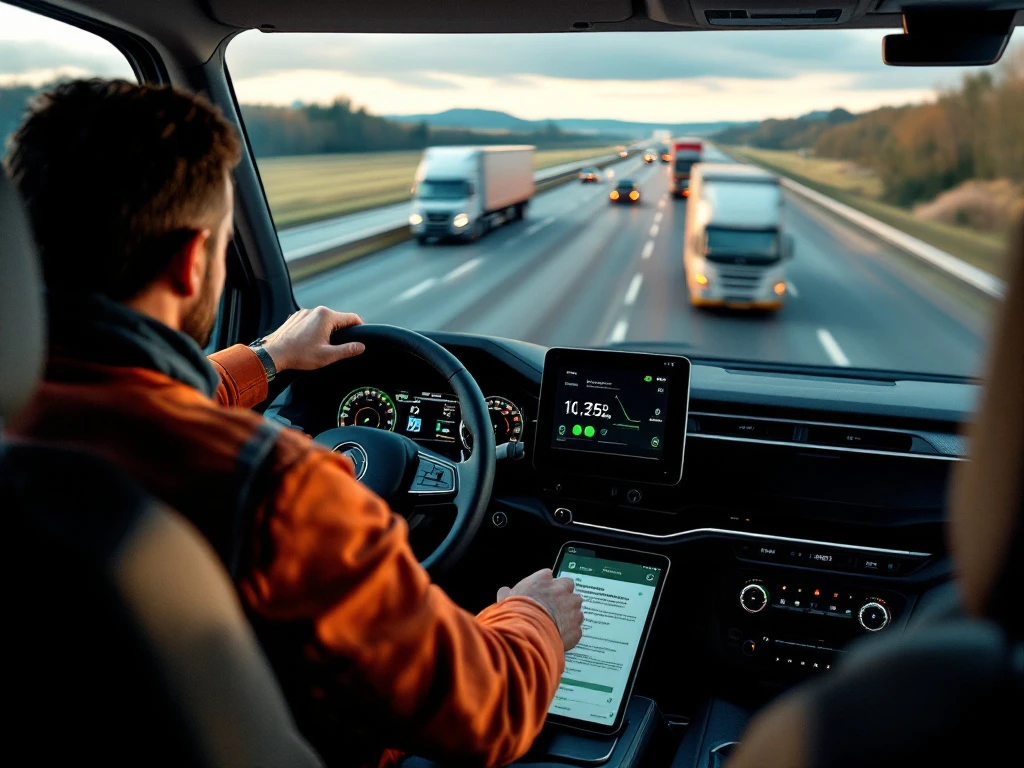 Professionele vrachtwagenchauffeur in moderne cabine met handen op stuurwiel, internationale documenten en verificatieapparaat, uitzicht op Nederlandse snelweg met Europese trucks.