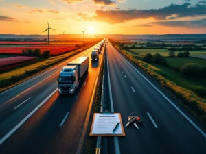 Snelweg bij zonsondergang met lege vrachtwagens, Nederlands landschap met windmolens en Oost-Europese heuvels, chauffeurs lopen symbolisch van oost naar west, wervingsdocumenten vooraan.