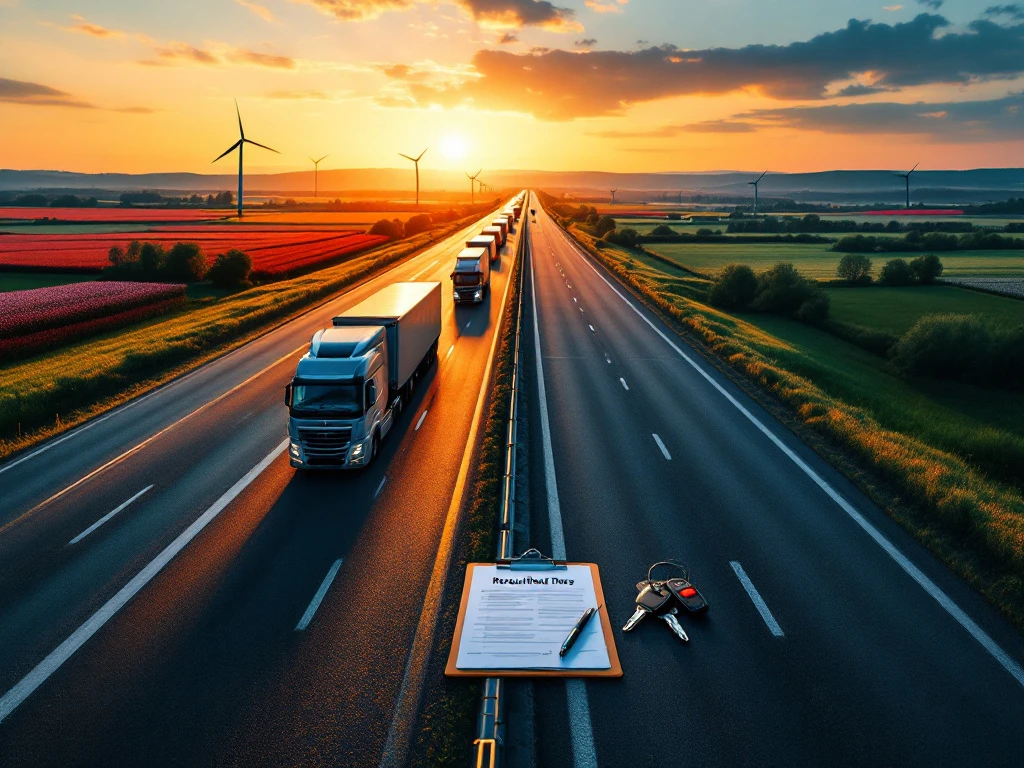 Snelweg bij zonsondergang met lege vrachtwagens, Nederlands landschap met windmolens en Oost-Europese heuvels, chauffeurs lopen symbolisch van oost naar west, wervingsdocumenten vooraan.