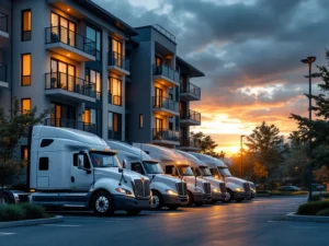 Modern appartementencomplex naast parkeerplaats voor vrachtwagens bij zonsondergang, met verlichte balkons en geparkeerde trucks die woon-werkgemak voor chauffeurs toont.