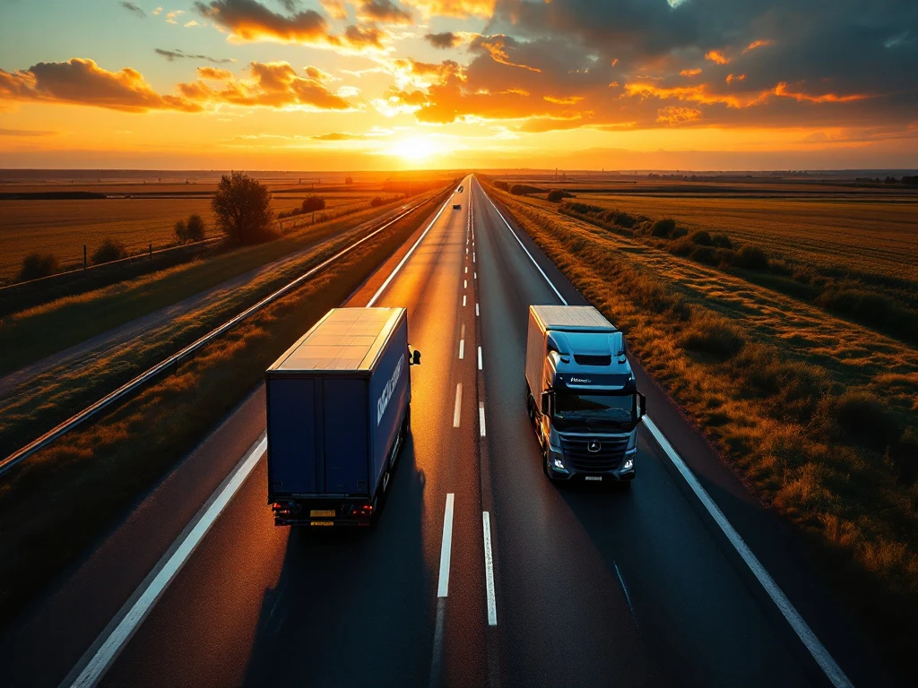 Vrachtwagens met Nederlandse en Oost-Europese nummerplaat rijden parallel op snelweg bij zonsondergang, grensovergang zichtbaar op horizon met diverse Europese landschappen.