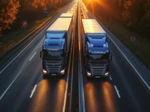 Vrachtwagens rijden op snelweg bij zonsopgang terwijl chauffeurs van verschillende nationaliteiten in een kring samenkomen op nabijgelegen parkeerplaats.