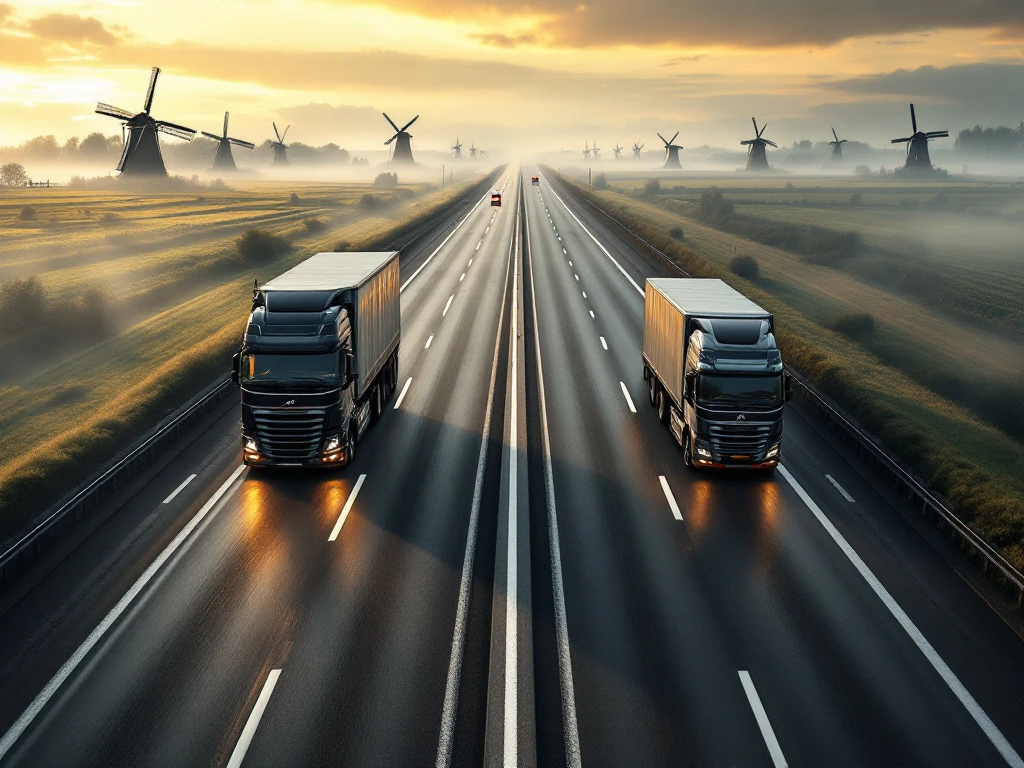 Luchtfoto van Nederlandse en Oost-Europese vrachtwagens op een mistige snelweg bij dageraad, met windmolens en kenmerkende infrastructuur.
