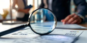 Vergrootglas boven Nederlandse werkvergunningen en BSN-kaarten op bureau, persoon met EU-paspoort op achtergrond
