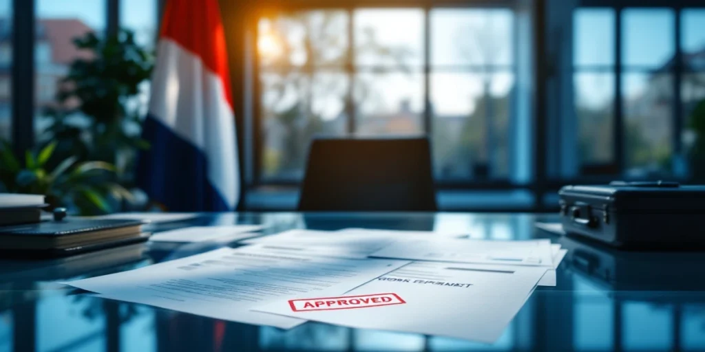 Goedgekeurde werkvergunningen op glazen bureau met Nederlandse vlag en EU-koffer in modern kantoor