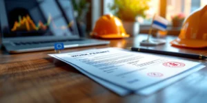 Werkvergunning met officiële stempels op bureau, bouwhelmen en laptop met grafieken op achtergrond, EU en Nederlandse vlaggen