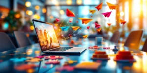 Kleurrijke papieren vliegtuigjes transformeren tot professionele silhouetten boven moderne glazen vergadertafel met recruitmenttools