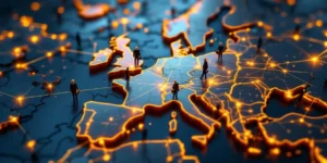 Luchtfoto van puzzelstukken die Europa vormen met verlichte paden naar Nederlandse hub, professionals lopen over verbindingen