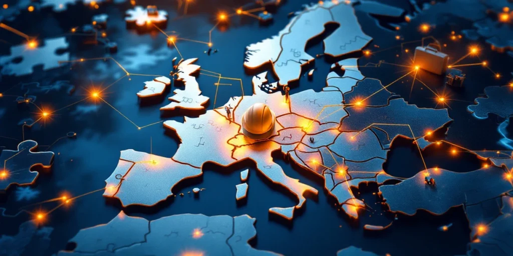 Luchtfoto van puzzelstukken die Europa vormen met gloeiende verbindingen naar Nederland, gereedschap en helmen geïntegreerd