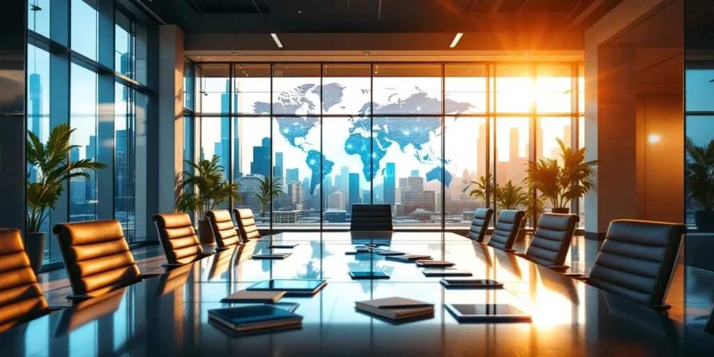 Modern glazen kantoor met lege stoelen rond holografisch Europees netwerk, portfolios op tafel, blauw-oranje tinten