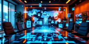 Moderne kantooromgeving met holografische kandidaatprofielen, digitale cv's en videogesprekken op schermen in oranje-blauwe verlichting