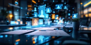 Modern kantoor met holografische kandidaatprofielen, cv's, digitale apparaten met vacaturesites en netwerken in blauw licht