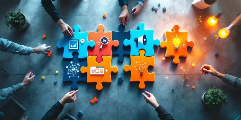 Kleurrijke puzzelstukken vormen diverse professionals in modern kantoor, met tablet, megafoon en netwerk symbolen in blauw-oranje