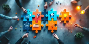 Kleurrijke puzzelstukken vormen diverse professionals in modern kantoor, met tablet, megafoon en netwerk symbolen in blauw-oranje