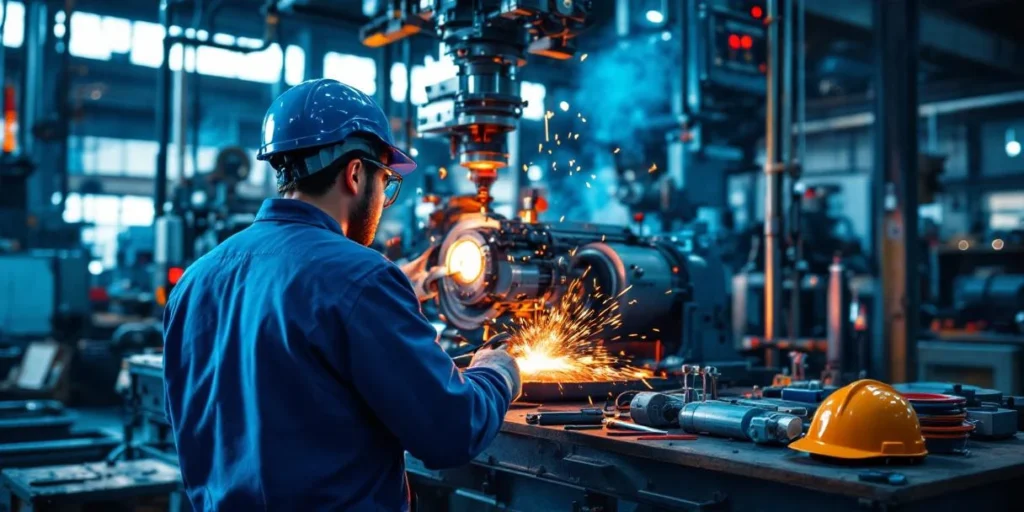 Technicus in blauwe overall werkt aan industriële machines met vonken van laswerk op achtergrond in moderne werkplaats