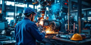 Technicus in blauwe overall werkt aan industriële machines met vonken van laswerk op achtergrond in moderne werkplaats