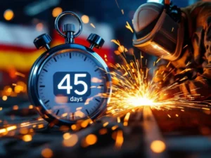 Digitale stopwatch toont 45 dagen met lasser aan het werk, Europese vlaggen en wereldkaart met verbindingslijnen naar Nederland
